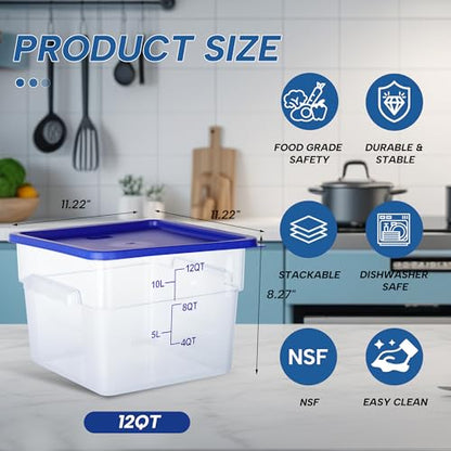 4 Pack 12 Quart Food Storage Containers with Lids, Polycarbonate Square Commercial Food Containers, NSF, Clear, New Version - color: 12Qt-New Version