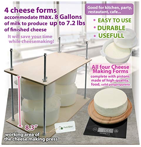 PetriStor Wooden Cheese Press for Making Supplies - 16in Metal Guides, 13in Mold With Follower Piston, 1.3Qt - Ultimate Home Cheese Press - Prensa Para Queso