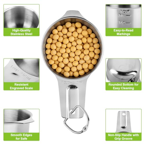Stainless Steel Measuring Cups Set of 7, Stackable Measure Cups Kitchen Gadgets for Cooking Baking Supplies Tools, Nesting Metal Cup Spoons Easy to Read Markings for Dry & Liquid Measurements Baker - color: Silver