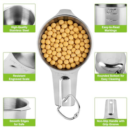 Stainless Steel Measuring Cups Set of 7, Stackable Measure Cups Kitchen Gadgets for Cooking Baking Supplies Tools, Nesting Metal Cup Spoons Easy to Read Markings for Dry & Liquid Measurements Baker - color: Silver