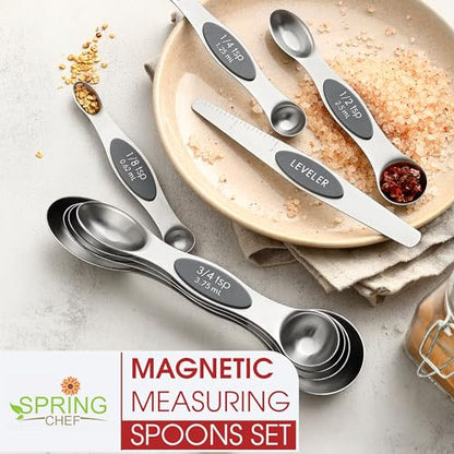 Spring Chef Stainless Steel Magnetic Measuring Spoons Set of 8 with Leveler, Dual Sided Metal Teaspoon & Tablespoon Measuring Spoons - Kitchen Gadgets For Baking and Cooking, Gray - color: Gray, size: 1-Pack