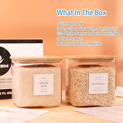 2 Pack Square Glass Flour and Sugar Containers with 132 Kitchen Pantry Labels - Thicken 85 FL OZ Large Glass Storage Jars with Airtight Bamboo Lid - Big Food Canisters for Cookies, Candy, Tea, Coffee - size: 85OZ