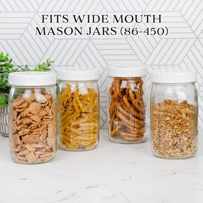 Cornucopia Brands Wide Mouth Plastic Mason Jar Lids (24-Pack Bundle); 2 Dozen Unlined White Ribbed Lids, 86-450 Size