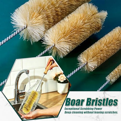 Boar Bristle Bottle Brush Set (4 Pack) - Straw & Water Bottle Cleaner with Long Wooden Handles, Scrubber for Stanley Cups, Tumblers & Jars, 304 Stainless Steel Wire, Kraft Packaging