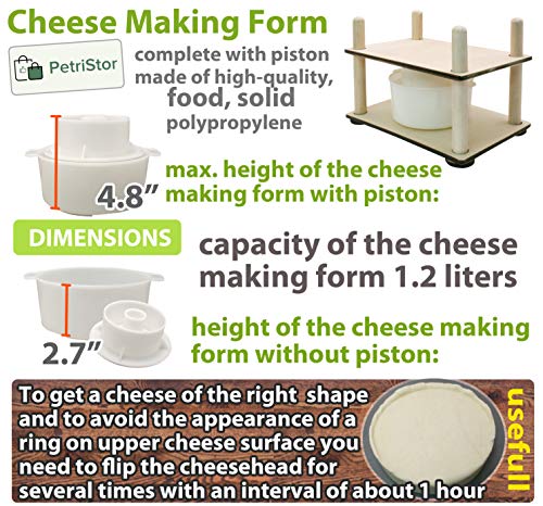 Wooden Cheese Press for Cheese Making Supplies 12 in Wooden Guides and Cheese Mold with Follower Piston 1.3 Qt - Small Home Supply Ultimate Cheese Press Machine - Prensa Para Queso Casero