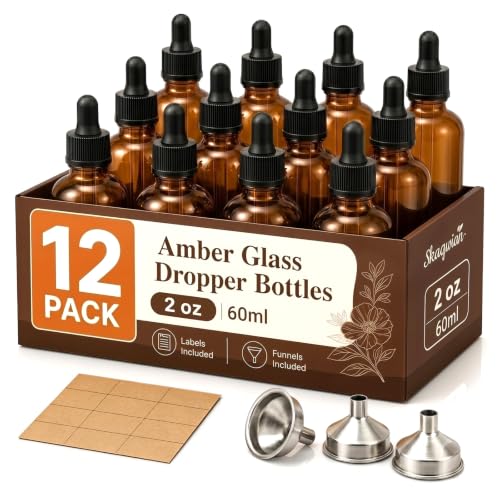 2 oz Glass Dropper Bottles with 3 Stainless Steel Funnels & 12 Labels, Amber Tincture Bottles with Dropper for Essential Oils, Liquid Extracts, Beauty & Personal Care (12 Pack)