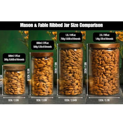 Ribbed Glass Jar with Wooden Lid 16.9oz / 27oz | Airtight Fluted Storage Container for Food, Pasta, Coffee, Candy, Dog Treats, Snacks | Canisters for Home & Kitchen (44 fl.oz / 1300ml -3X) - color: 44 fl.oz / 1300ml -3X