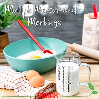Simax Glass Measuring Cup: 16 Oz Measuring Cups Glass - Liter, Oz and Ml Measuring Cup for Liquid - Borosilicate Glass Metric Measuring Cups in Gram - Measure Flour and Sugar Grams - Easy Pour Spout - size: 16 Ounce