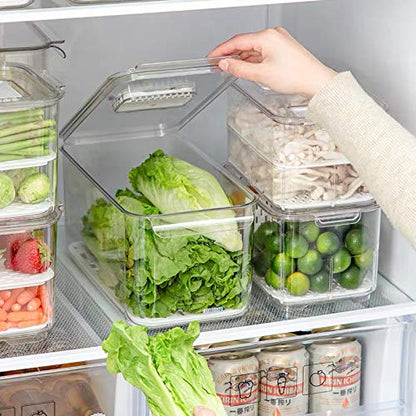 SANNO Fridge Produce Saver Stackable Refrigerator Organizer Keeper with Lids and Removable Drain Tray for Veggie, Berry, Fruits and Vegetables,Pack of 2 - size: 12.4” x 6.4”x 5.7"+9.2"x5.8"x4.8"