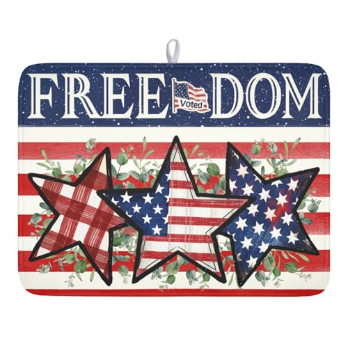 4th of July Dish Drying Mat 24x18 Inch, Patriotic Drying Mat with Absorbent Reversible Microfiber, Independence Day Dish Drainer Mats Memorial Day Rack Pad for Coffee Countertop Kitchen Protector - color: Patriotic Star Blue Red, size: 24" x 18"