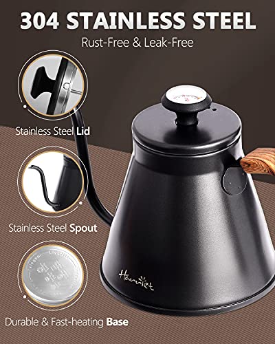 Harriet Gooseneck Kettle with Thermometer for Pour Over Coffee and Tea, 37 fl oz, Stainless Steel, Durable 3-Layer Base, Ideal Spout for Precision Pouring, Compatible with all Stove Tops, Black - color: Black