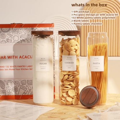 3 Pack Glass Canisters with Airtight Acacia Lids and 132 Kitchen Pantey Labels Preprint - 51 Fl Oz Borosilicate Glass Pantry Storage Jars Containers with Wooden Lids for Pasta,Spaghetti,Cereal,Noodles - size: 51oz-3 Pack