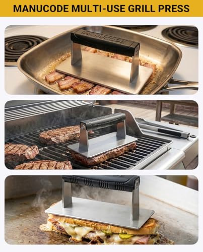 Stainless Steel Burger Smasher 2.50 LB 8x4.25 Inch Steak Weight for Smash Burgers, Bacon, Sandwiches | Dishwasher Safe, Preheatable Protein Press with Silicone Handle | Commercial BBQ Tool - size: 8 x 4.25"