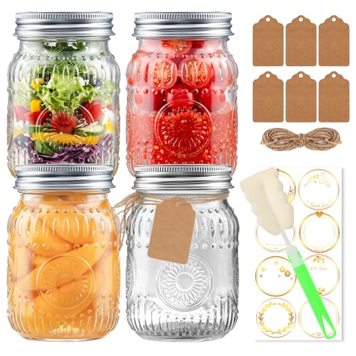 16oz Mason Jars 4-Pack with Rust-Proof 304 Stainless Steel Lids and Bands | Pint Glass Jars with Elegant Sunflower Embossing, Leak-proof for Meal Prep, Pickling, Overnight Oats, Dry Food & DIY Crafts - color: Clear-16OZ