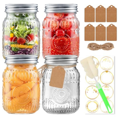 16oz Mason Jars 4-Pack with Rust-Proof 304 Stainless Steel Lids and Bands | Pint Glass Jars with Elegant Sunflower Embossing, Leak-proof for Meal Prep, Pickling, Overnight Oats, Dry Food & DIY Crafts - color: Clear-16OZ