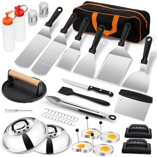 35PCS Griddle Accessories Kit, Leonyo Flat Top Grill Accessories, Grill Tools with Griddle Spatulas, Smash Burger Press, Basting Cover, Scraper for Outdoor BBQ Teppanyaki Hibachi Cooking - style: Round Bacon Press