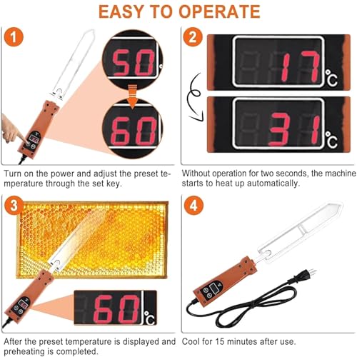 Electric Honey Uncapping Knife, Stainless Steel Electric Honey Cutter, 50-180℃ Temperature Control, Wood Handle Stainless Steel Blade, Digital Display for Professional Beekeeper