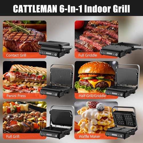 CATTLEMAN Panini Grill Press Sandwich Maker with Removable Plates, 1600W, 6 in 1 Waffle Maker & Electric Indoor Grill with Meat Thermometer, PFAS Free Ceramic Nonstick Reversible Plates, Opens Flat - color: Black with Waffle Plates