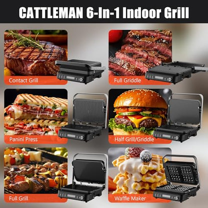CATTLEMAN Panini Grill Press Sandwich Maker with Removable Plates, 1600W, 6 in 1 Waffle Maker & Electric Indoor Grill with Meat Thermometer, PFAS Free Ceramic Nonstick Reversible Plates, Opens Flat - color: Black with Waffle Plates
