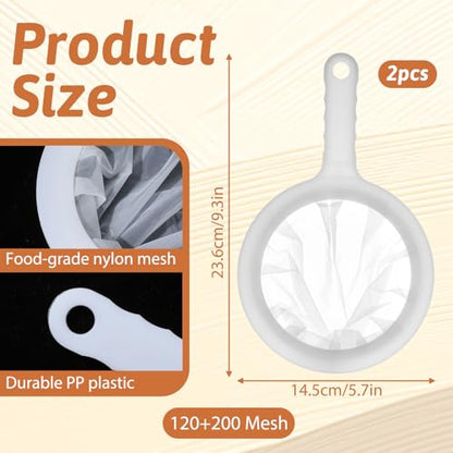 2 Pack Ultra Fine Nylon Mesh Strainer with Handle 120/200 Small Kitchen Colander Plastic Mesh Sieve for Filtering Yogurt Juice Milk Honey Coffee Matcha