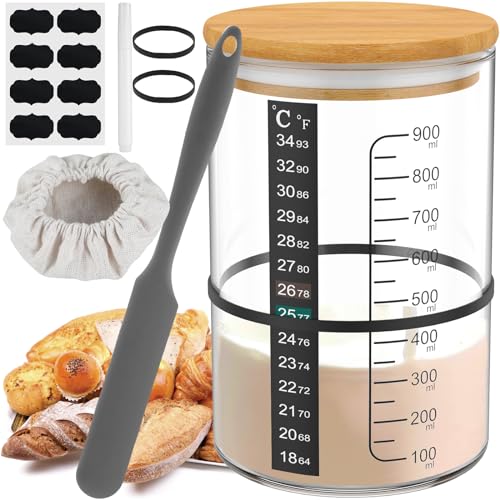 30oz/900ml Wide Mouth Glass Sourdough Starter Jar Kit, Fermentation Container with Lid Spatula Temp Strip & Marking Tape, Complete Bread Baking Supply Set