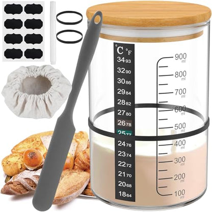30oz/900ml Wide Mouth Glass Sourdough Starter Jar Kit, Fermentation Container with Lid Spatula Temp Strip & Marking Tape, Complete Bread Baking Supply Set