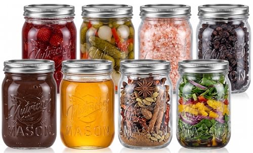 NutriChef 8-Pack 16 oz Mason Jars with Lids - Thick Glass Canning Jars with Stainless Steel Lids - Ideal for DIY Spices, Meal Prep, Overnight Oats, Jelly, Jam, Honey, Candles, Crafts, & More - style: 8 pack