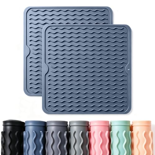 2 Pack Caketime Silicone Dish Drying Mat for Kitchen Counter Multiple Usage for Baking Cooking Grilling Under Sink Office Coffee Accessories Apartment Appliances Pioneer Woman Stuff 12"x12" Blue - color: Blue, size: 12"*12"