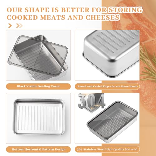 Hushee 6 Pack Bacon Cheese Container for Refrigerator, 304 Stainless Steel Airtight Deli Meat Container, Dishwasher Safe Fridge Storage Fruit Lunch Storage with Lids for Fridge, 4 Sizes