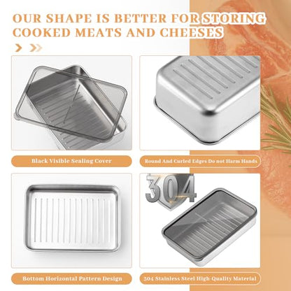 Hushee 6 Pack Bacon Cheese Container for Refrigerator, 304 Stainless Steel Airtight Deli Meat Container, Dishwasher Safe Fridge Storage Fruit Lunch Storage with Lids for Fridge, 4 Sizes