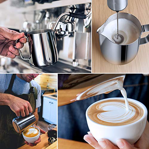 Milk Frothing Pitcher, 8.5oz/12oz/20oz/32oz/50oz/66oz Milk Frother Cup Stainless Steel, Espresso Accessories, Milk Steaming Pitchers Coffee Cappuccino Latte Art Barista Milk Jug Cup with Art Pen,12oz - color: A Silver, size: 12 Ounces