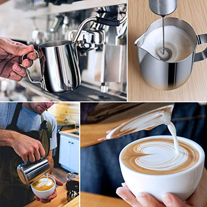 Milk Frothing Pitcher, 8.5oz/12oz/20oz/32oz/50oz/66oz Milk Frother Cup Stainless Steel, Espresso Accessories, Milk Steaming Pitchers Coffee Cappuccino Latte Art Barista Milk Jug Cup with Art Pen,12oz - color: A Silver, size: 12 Ounces