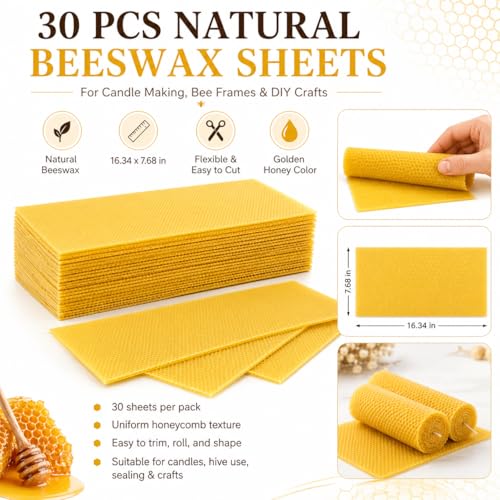 30Pcs Beeswax Sheets for Candle Making, Natural Wax Foundation for Bee Frames, DIY Candle Making Kit, Bees Wax Sheets for Beehives Honey (16.34 x 7.68inch)