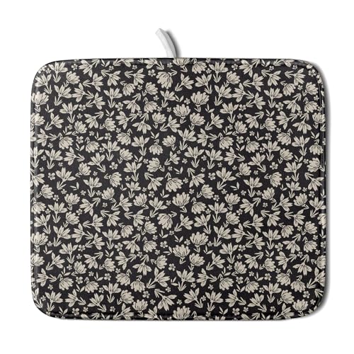Floral Dish Drying Mat for Kitchen Counter 18x16 Inch Black Flower Drying Mat with Absorbent Reversible Microfiber Holiday Season Spring Dish Drainer Mats Rack Pad for Coffee Countertop Protector - color: Black Floral, size: 18" x 16"
