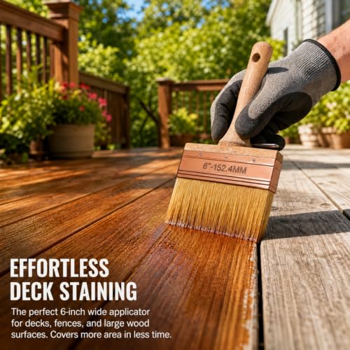 Deck Stain Brush 6", Attachable Paint Brush with Wooden Handle | Ergonomic wooden handle, Soft shed-resistant bristles, Detachable design, Washable & reusable, For furniture refinishing - color: 6 Inch