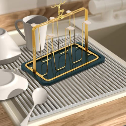 Reusable Cup Drying Rack Stand, Non-Slip Drying Glasses Rack, Silicone Designs Glass Cup Holder with Drainage Functional for Home Kitchen, Office, Cafe, Dining Room Organization (Gold)