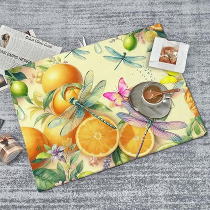 Kitchen Drying Mat for Countertop Citrus Dragonfly Botanical Pattern Non-Slip Kitchen Counter Mat for Dishes Glassware - color: Orange Yellow