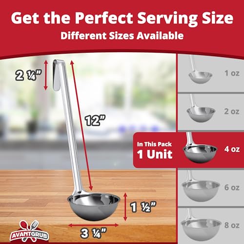 Super Sturdy, Ergonomic 4 Oz. Soup Ladle 1 Pk. Stainless Steel Ladles with Long Handles. Best Kitchen Accessories for Stirring, Portioning and Serving Soups, Chili and Stew in Restaurants and at Home - size: 4oz