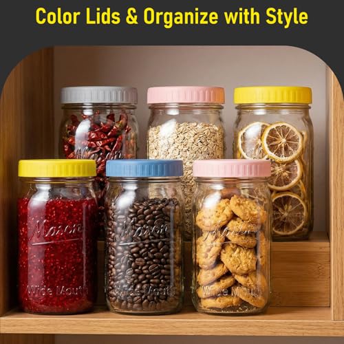 CycleMore 32 oz Wide Mouth Mason Jars with Airtight Metal Lids, 6-Pack Canning Jars with Colorful Plastic Lids & Pitcher Lid, Quart Jars for Overnight Oats, Pickling, Cold Brew, and Sun Tea