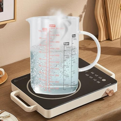 1000ml/33.8oz Microwave Safe Glass Measuring Cup | Heat Resistant Borosilicate, V-Shaped Spout, Clear Scale, Multipurpose for Kitchen, Coffee & Yogurt(1000ml/33.8oz) - size: 1000ML