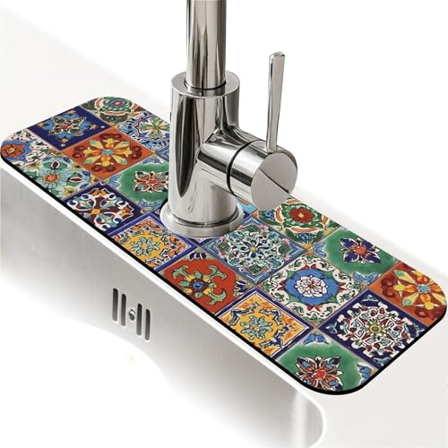 Kitchen Sink Splash Guard，Colorful Mexican tile Faucet Mat Sink Gadgets-Super Absorbent Fast Drying Mat Drip Catcher for Kitchen, Bathroom,Sink Mat, Dish Drying Mat, Bathroom(15" X 5.5" ) - color: Colorful Mexican tile