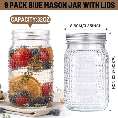 SUT Wide Mouth Mason Jars 32 oz,9 Pack Quart Mason Jars With Airtight lids and Bands,Canning Jars 32 oz for Preserving,Meal Prep,Overnight Oats - color: Dot