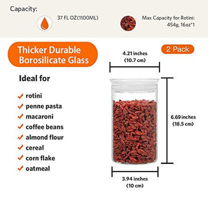 ZENS 37oz Glass Jars Set of 2, Clear Glass Kitchen Canisters with Airtight Lids, Wide Mouth Glass Storage Containers for Cereal, Coffee Beans, Loose Tea - size: 8-37oz 2Pack
