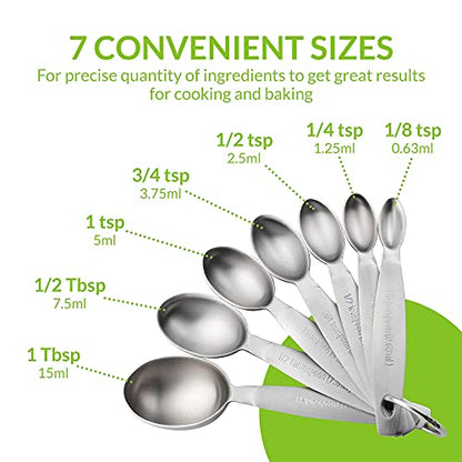 Spring Chef Stainless Steel Measuring Spoons Set of 7, Oval Metal Teaspoon & Tablespoon Measuring Spoons - Nesting Kitchen Gadgets For Baking & Cooking, Dual Measurements - Dry & Liquid Ingredients