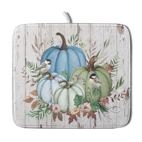 Fall Blue Pumpkin Dish Drying Mat 16x18 inch Autumn Harvest Dish Rack Mats Reversible Microfiber Drainer Pad for Kitchen Countertop Decor - color: Blue Pumpkin, size: 16" x 18"