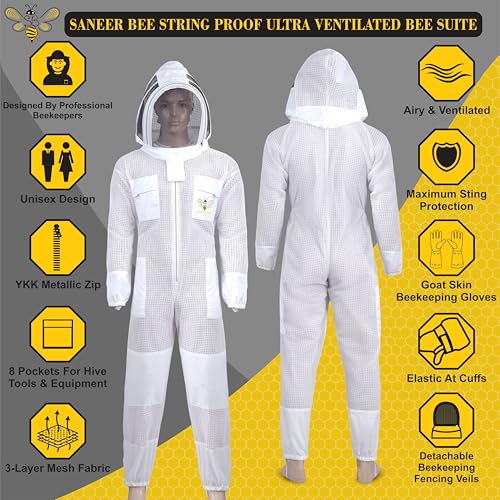 SANEER 3 Layer Beekeeping Suit, Ventilated Sting Proof Beekeeping Suit For Beekeepers with Gloves (X-Large) - size: X-Large