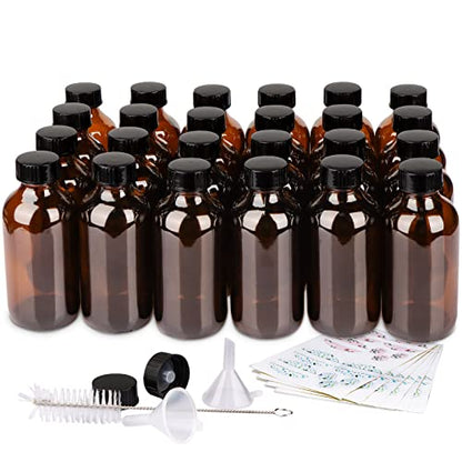 PINIWON 24 Pack 4 oz Amber Glass Bottles, 120ml Boston Round Sample Bottles with Black Poly Cone Caps, Labels, Funnels and Brush - color: Amber-24 pack