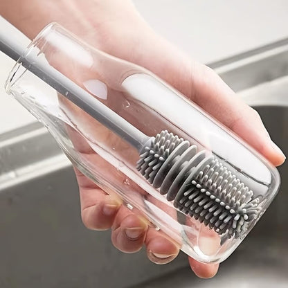 Silicone Long Handled Bottle Brush with Flexible Head for Cups and Bottles, Multi Use Cleaner for Kitchen Bathroom Car, Grey - color: Gray