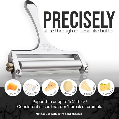 Zulay Kitchen Stainless Steel Wire Cheese Slicer - Adjustable Hand Held Cheese Cutter with 2 Extra Wires - Premium Cheese Knife for Mozzarella, Cheddar, Gruyere - Cheese Cutter with Wire (Silver) - color: Silver