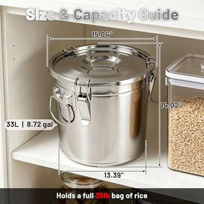 304 Stainless Steel Airtight Food Storage Container with Locking Lid & Clips 8.72gal/33L Large Kitchen Jar for Rice, Flour, Sugar, Grain, Coffee Beans - size: 33L